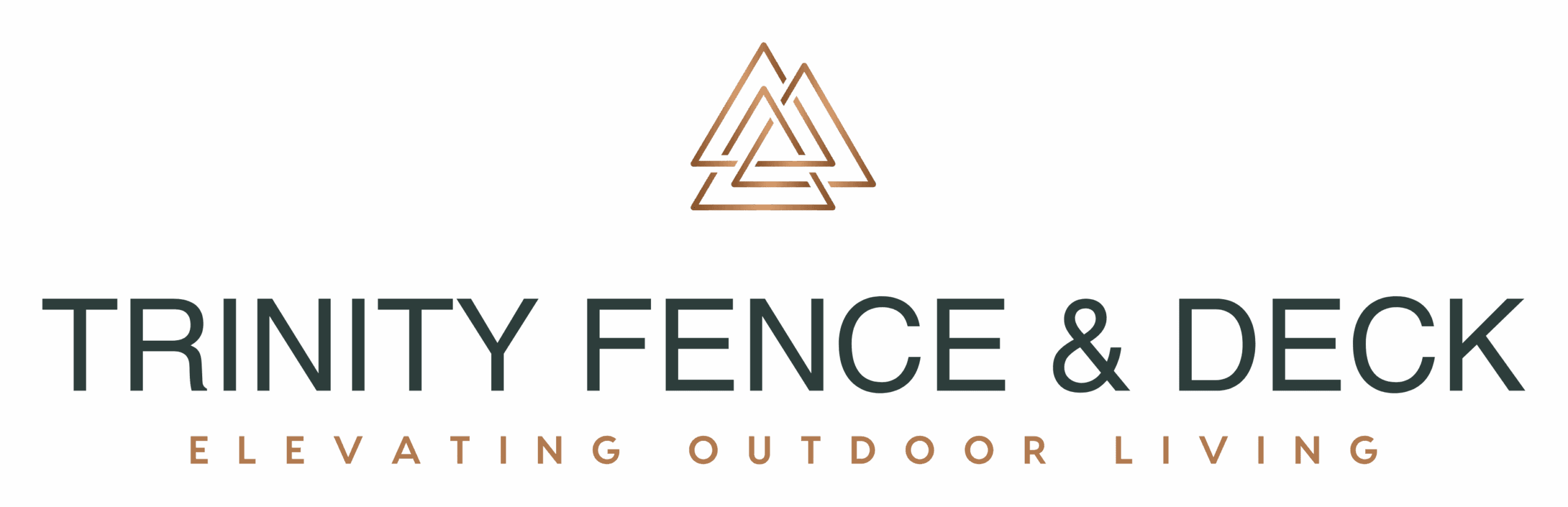 Trinity Fence & Deck logo – bronze triangle emblem with text “Elevating Outdoor Living”
