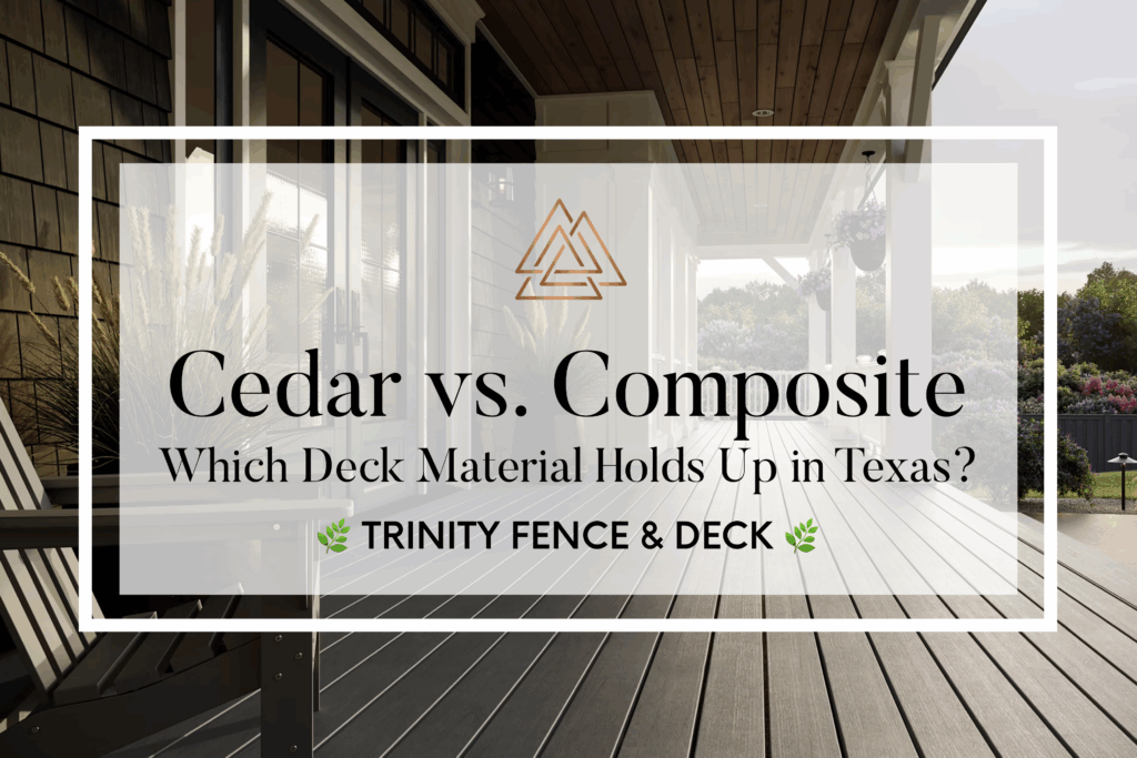 Front porch composite deck with white columns, Adirondack chair, and green tree-filled background — showcasing durable Texas decking material.