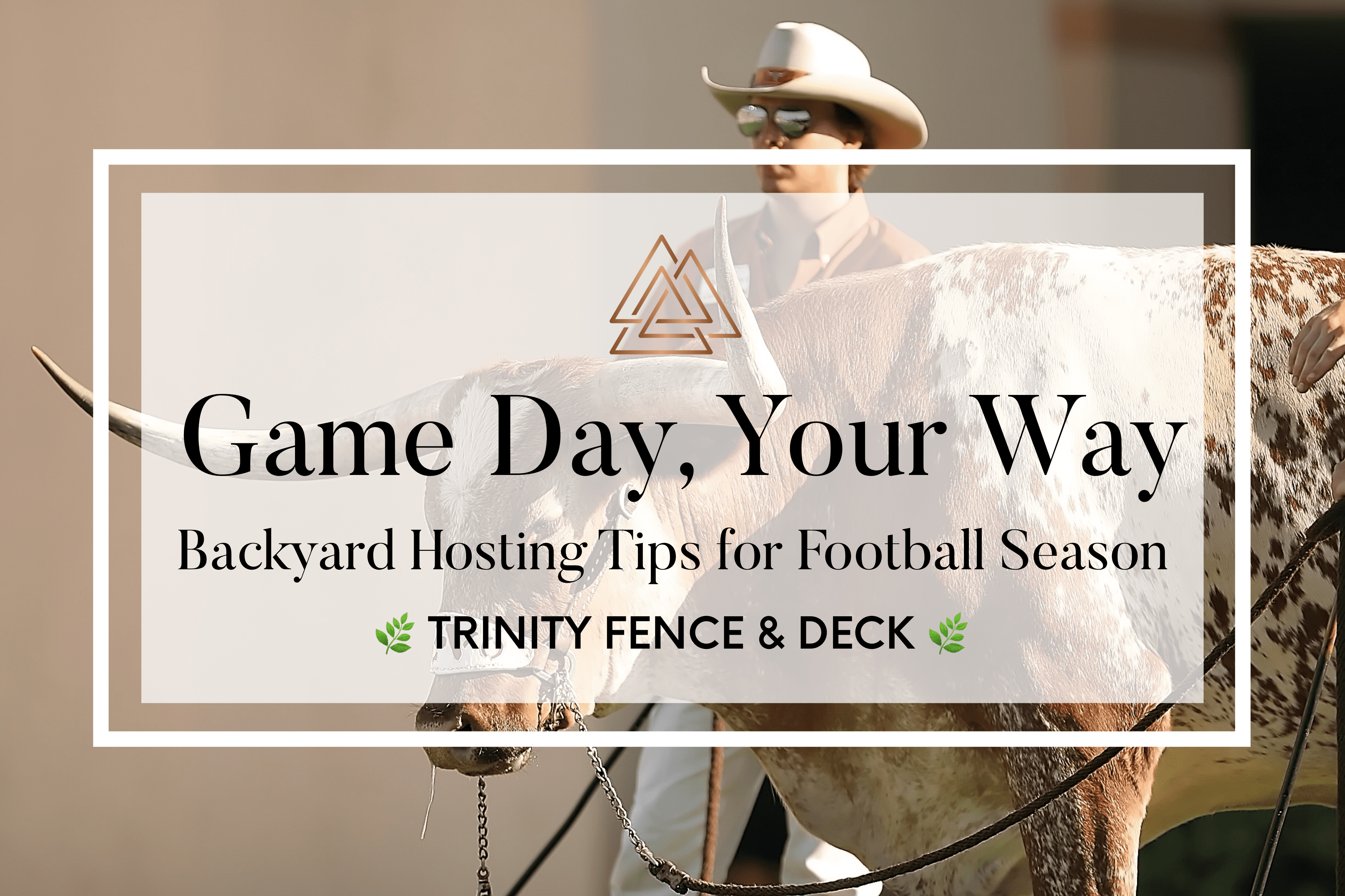 Cowboy in sunglasses standing next to a longhorn steer, framed by rustic decor—perfectly capturing Texas pride and backyard hosting vibes for football season.