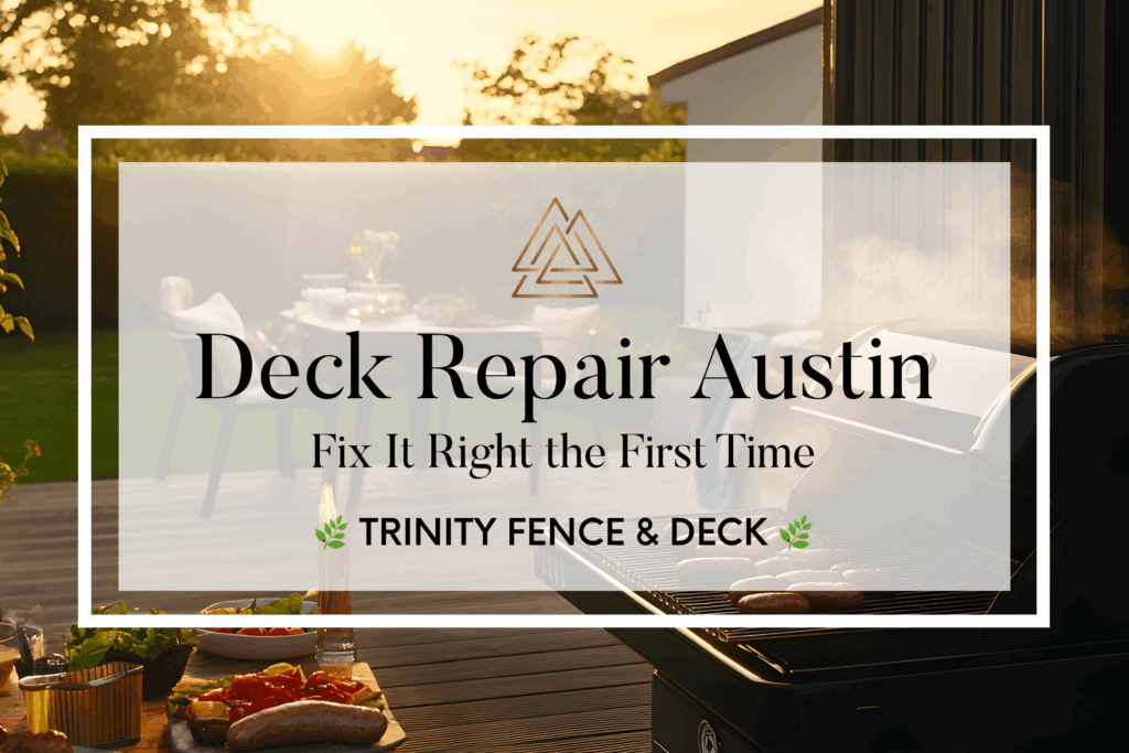 Need deck repair in Austin? Fix warped boards, loose rails, and damage fast. Same-day sign bonus from Trinity Fence & Deck. Get summer-ready today.