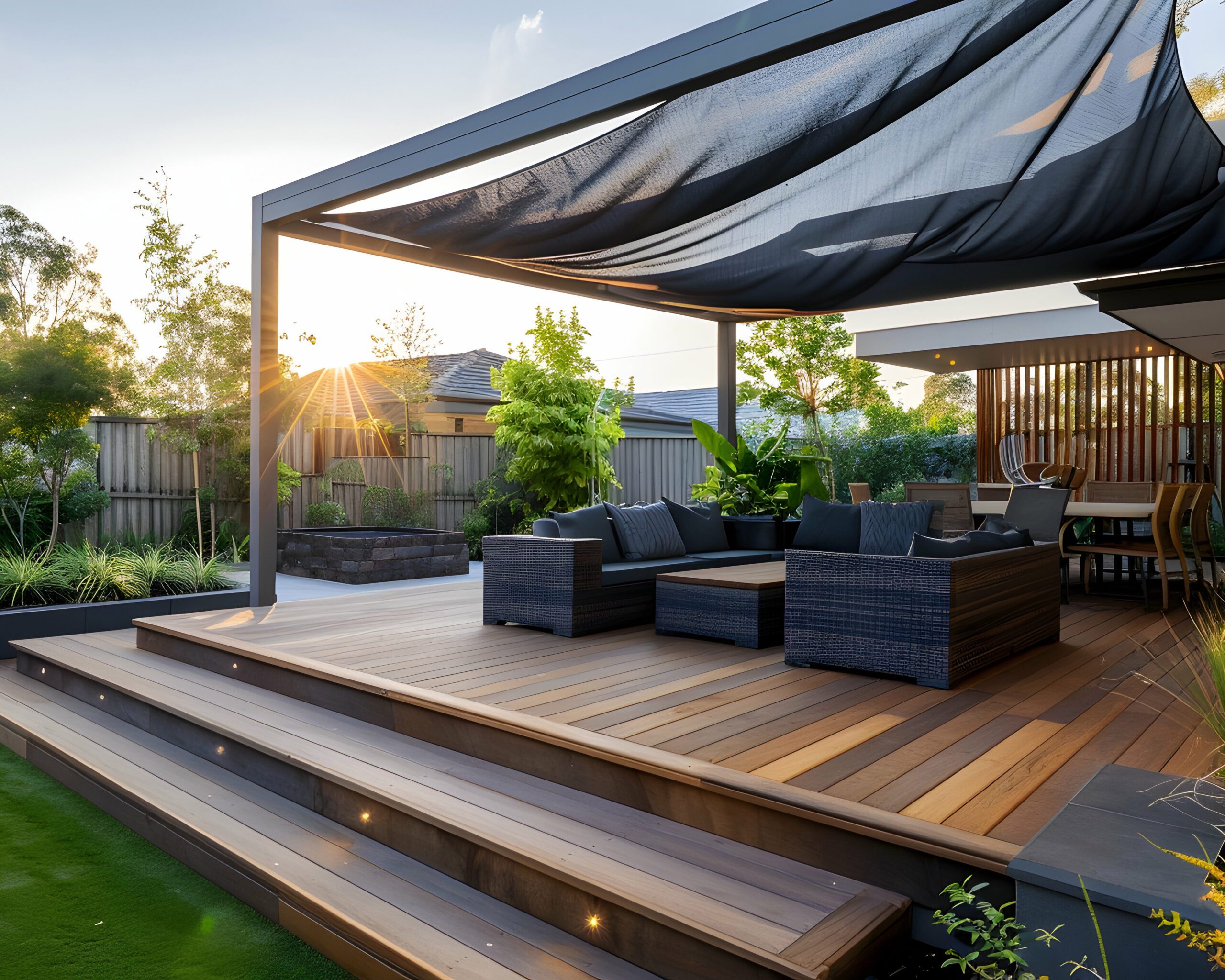 Modern backyard deck with sunshade canopy and outdoor lounge furniture