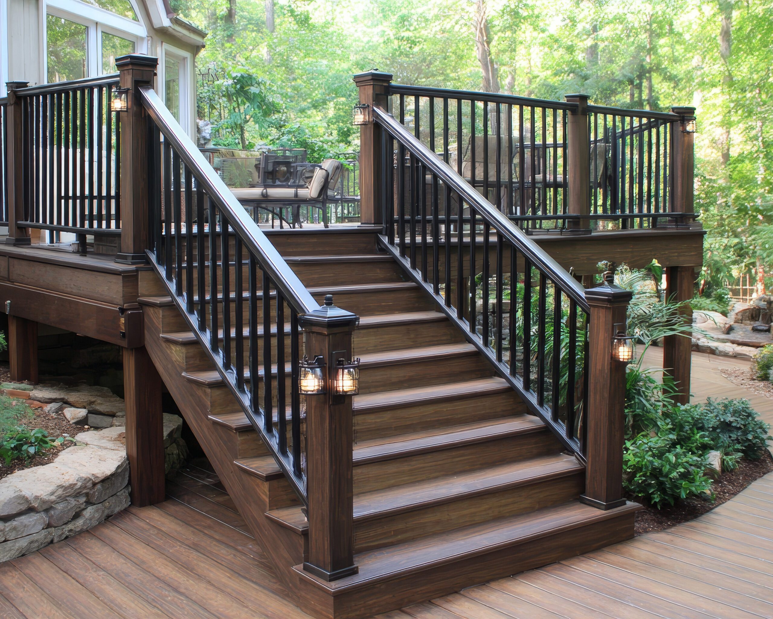 Elevated deck stairs with black iron railing and lantern-style lights