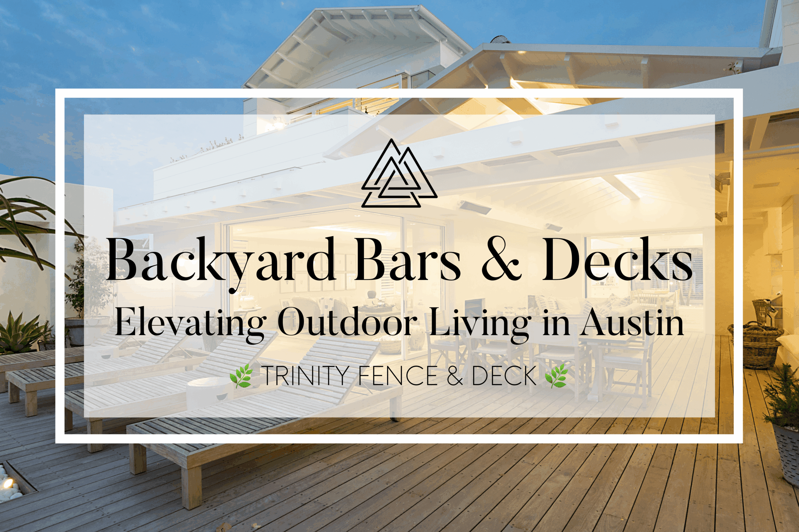 Modern backyard deck with lounge chairs, covered patio, and open-air design — luxury outdoor living space perfect for Austin entertaining.