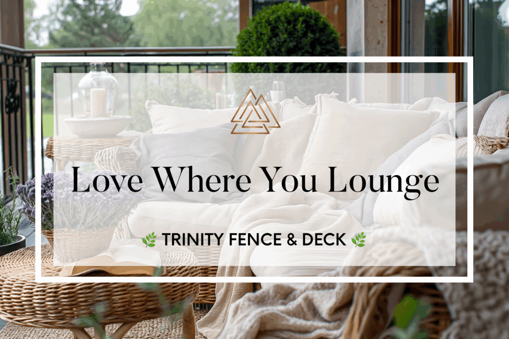 Cozy outdoor lounge setup with white cushions on a patio bench, a woven coffee table, and a soft throw blanket, styled for relaxed backyard living.