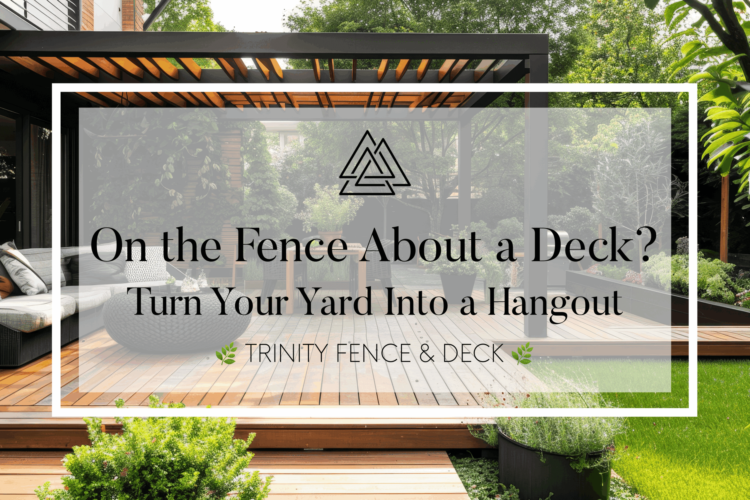 Modern backyard deck with built-in seating, greenery, and a pergola overhead, showcasing an inviting outdoor hangout space in Central Texas.