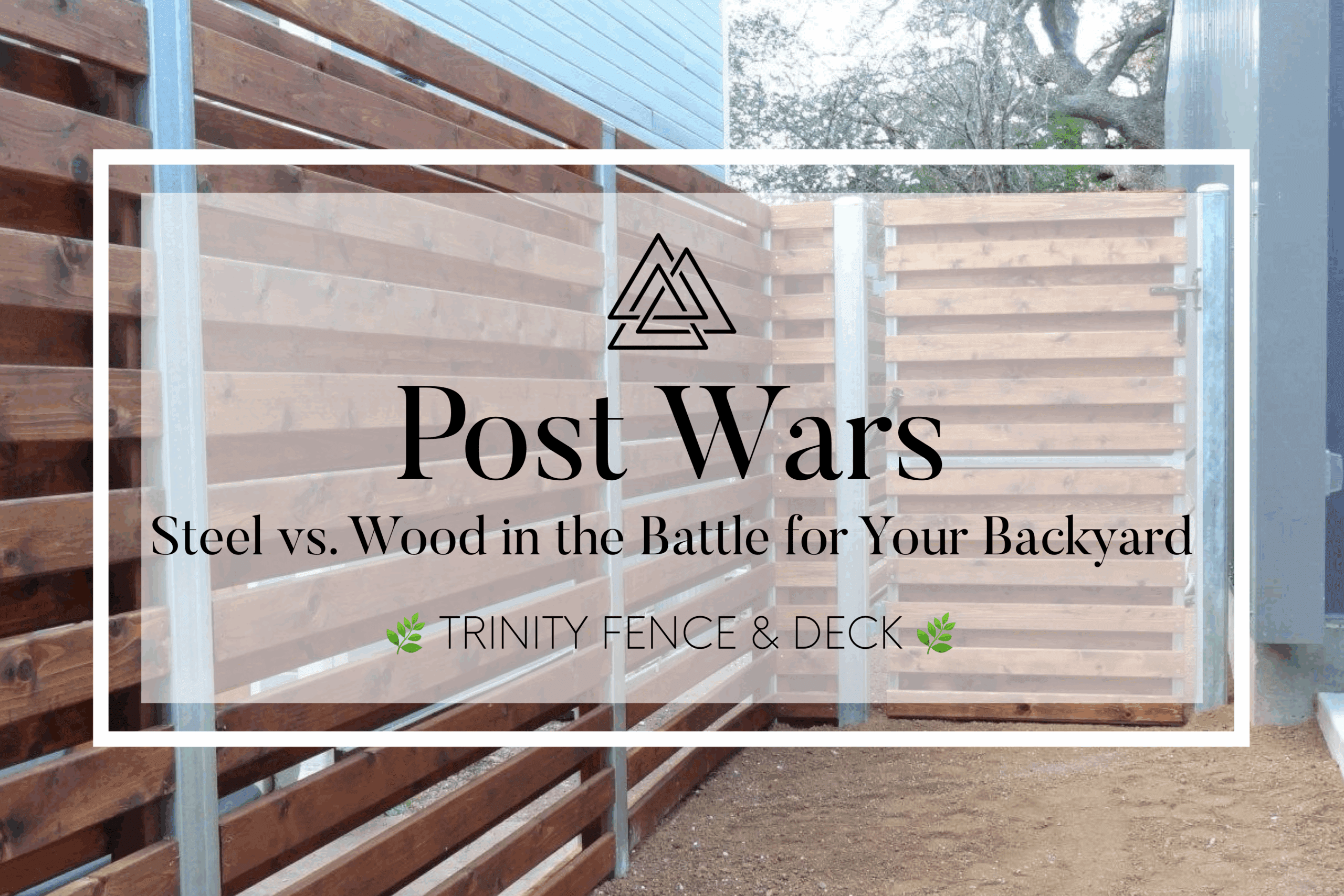 Side-by-side view of modern cedar privacy fences with steel and wood posts, used in Trinity Fence & Deck’s blog titled ‘Post Wars’ about backyard fence construction options.