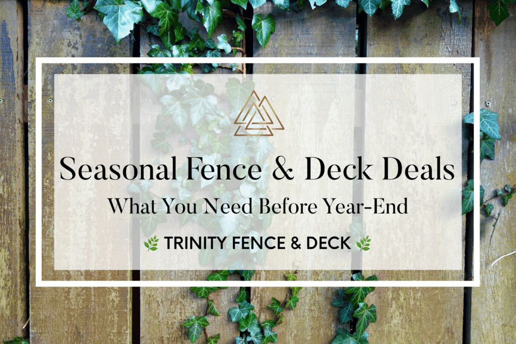 Weathered wood fence with ivy vines growing up the slats, perfect visual for seasonal fence and deck deals before year-end projects.