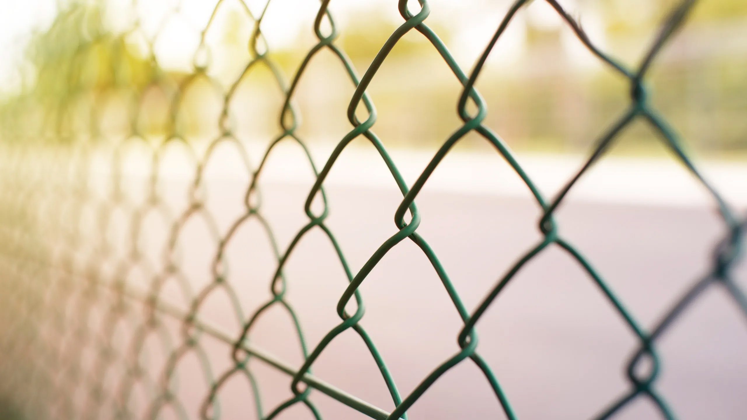 Chainlink fence shown in soft focus with a warm, pastel-toned background.