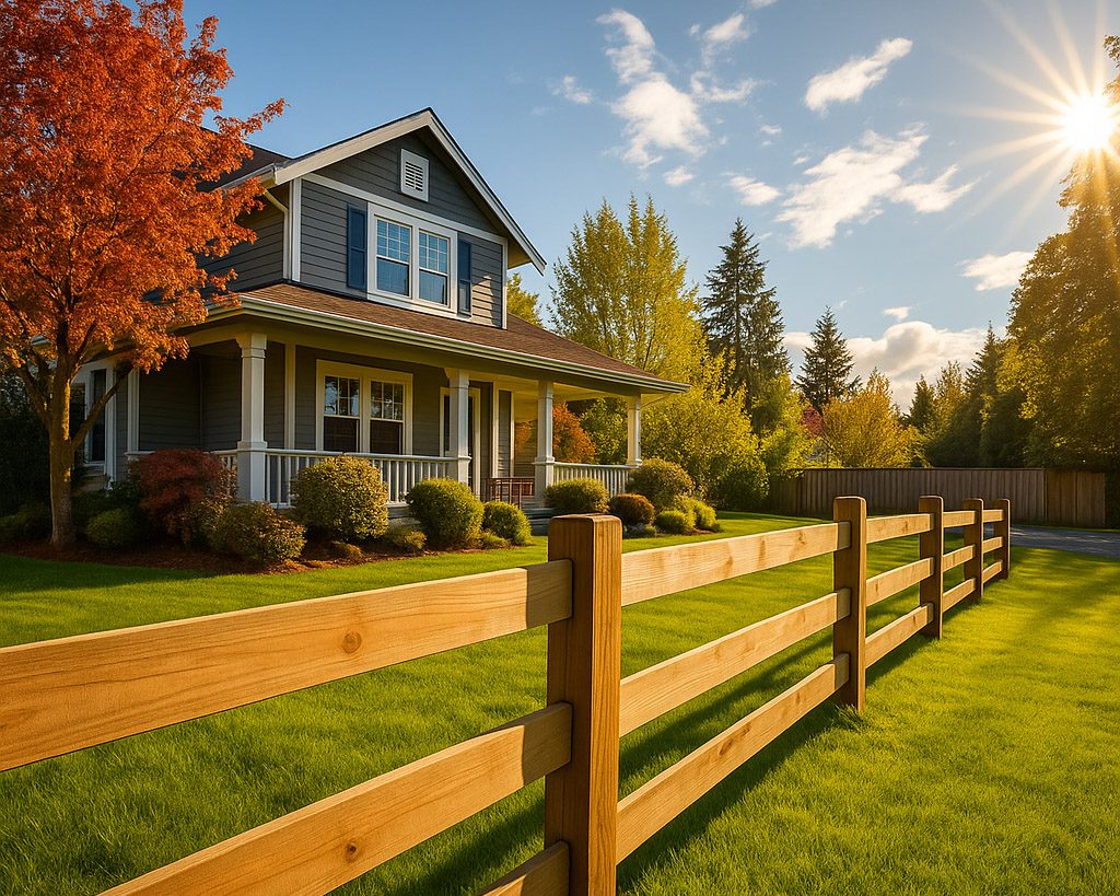 Golden fence stain on ranch-style 3-rail fencing at a countryside property Three-rail paddock-style fence stained golden yellow in front of farmhouse