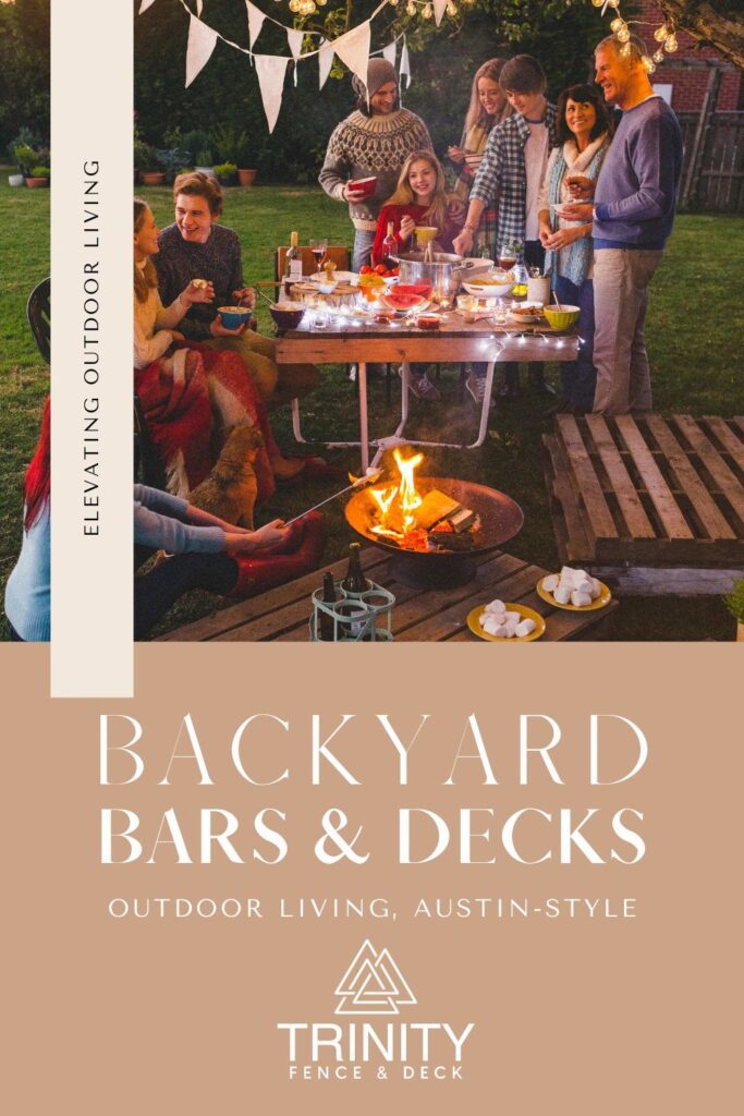 Backyard deck party scene at night with string lights, a fire pit, and guests enjoying food and drinks—Austin-style outdoor living inspiration.