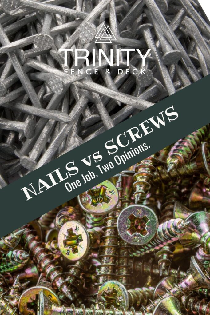 Close-up of screws and nails with Trinity Fence & Deck branding – visual for comparing fastener options in outdoor construction. Close-up of screws and nails with Trinity Fence & Deck branding – visual for comparing fastener options in outdoor construction.