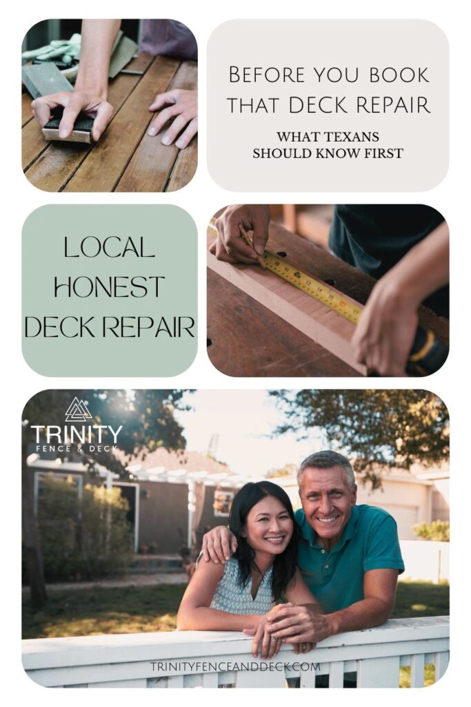 Overhead view of a stylish backyard deck with the text “Deck Repair Near Me – What to Know Before You Book” by Trinity Fence & Deck.