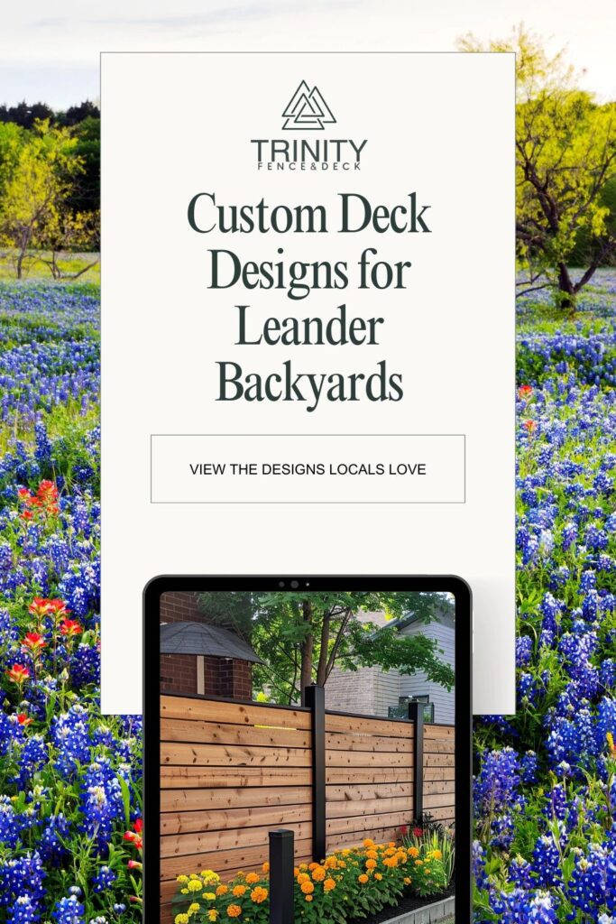 Horizontal fence and deck in a Leander backyard framed by Texas bluebonnets—custom design ideas for local outdoor living.