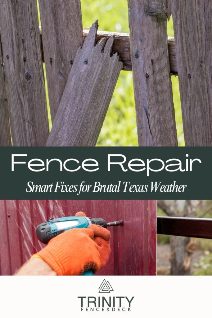 Broken wood fence panel with gloved hand repairing damage—smart fence fixes for harsh Texas weather. Broken wood fence panel with gloved hand repairing damage—smart fence fixes for harsh Texas weather.