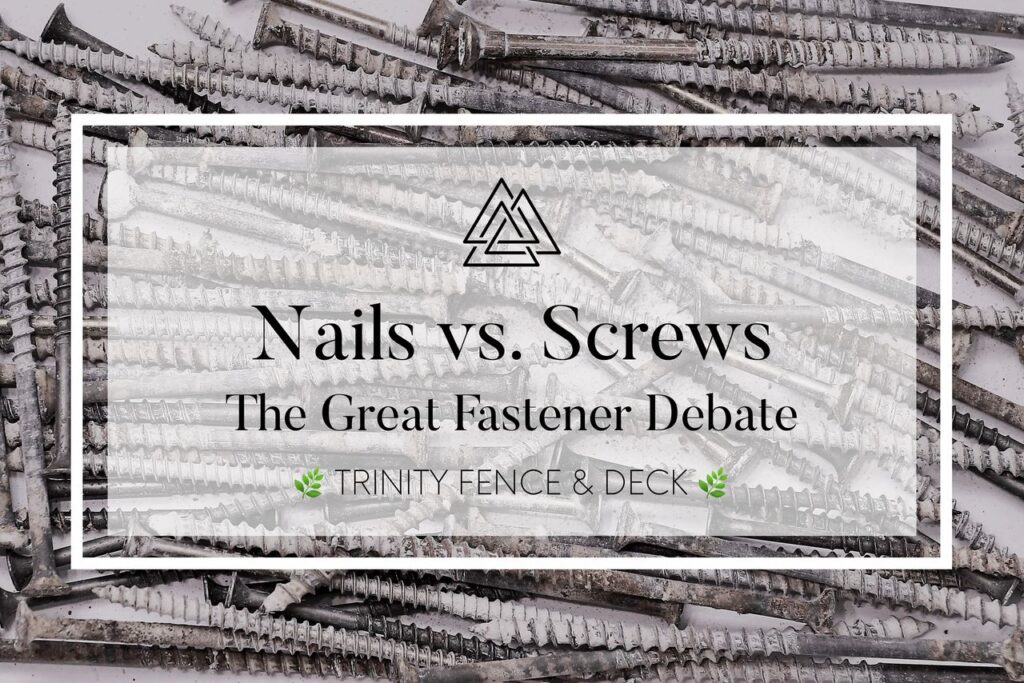 A close-up image of weathered nails and screws, highlighting the ongoing debate in fence construction. While some claim screws are superior, this image represents the true choice—not between nails or screws, but between quality craftsmanship vs. marketing myths. Trinity Fence & Deck focuses on professional building techniques that ensure longevity and durability. A close-up image of weathered nails and screws, highlighting the ongoing debate in fence construction. While some claim screws are superior, this image represents the true choice—not between nails or screws, but between quality craftsmanship vs. marketing myths. Trinity Fence & Deck focuses on professional building techniques that ensure longevity and durability.