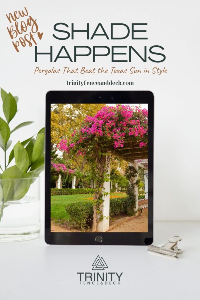 A digital tablet rests on a white desk beside a glass vase with greenery. On the tablet screen is a photo of a white pergola covered in vibrant pink bougainvillea, hinting at a relaxing backyard escape. Soft natural light and crisp white background reinforce a feeling of calm and daydreaming.