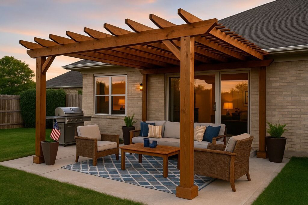 A cedar pergola is attached to a modern beige brick home, featuring cozy outdoor furniture, a geometric blue rug, potted plants, and a grill with a small Texas flag. The warm sunset light creates a serene, welcoming patio space, ideal for entertaining or relaxing in a suburban Texas backyard.