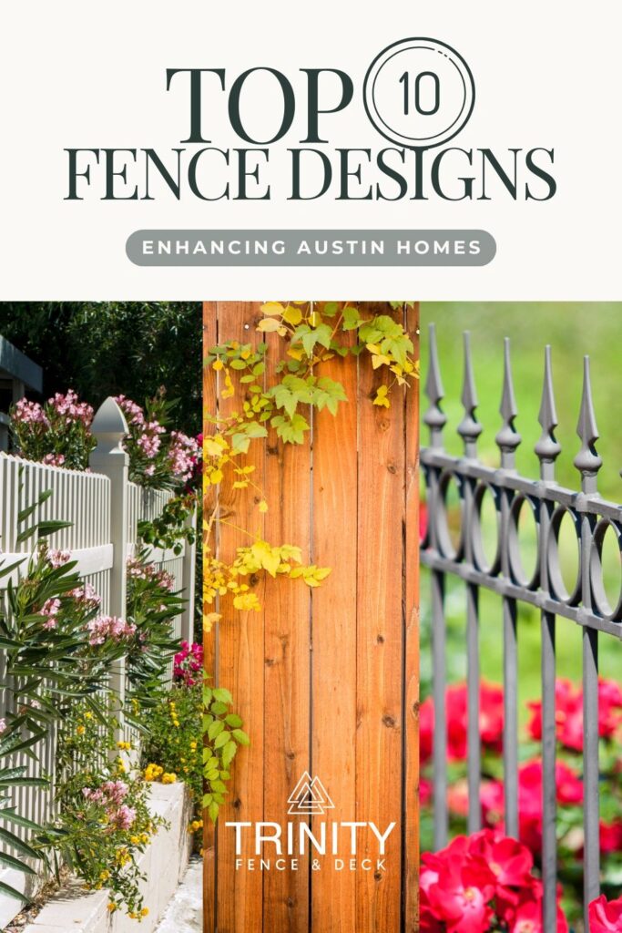 Wood and metal mixed-material fence with blooming flowers – Trinity Fence & Deck’s top 10 fence design ideas for Austin homeowners.