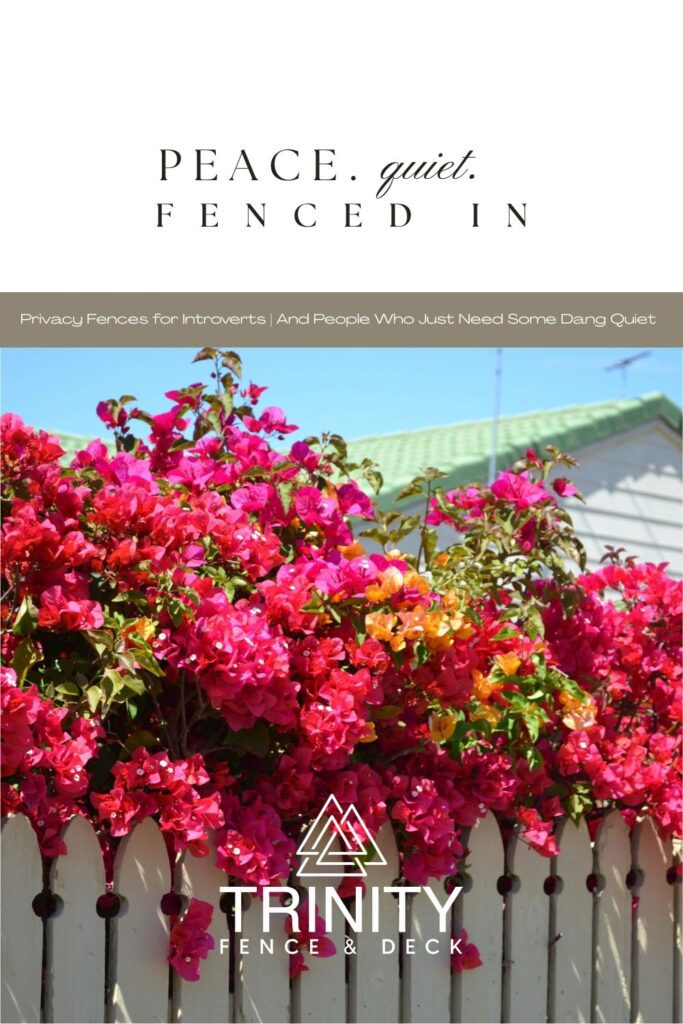 Iron fence with bright pink bougainvillea in full bloom – peaceful backyard design ideas for introverts and quiet-loving homeowners. Picket fence with bright pink bougainvillea in full bloom – peaceful backyard design ideas for introverts and quiet-loving homeowners.