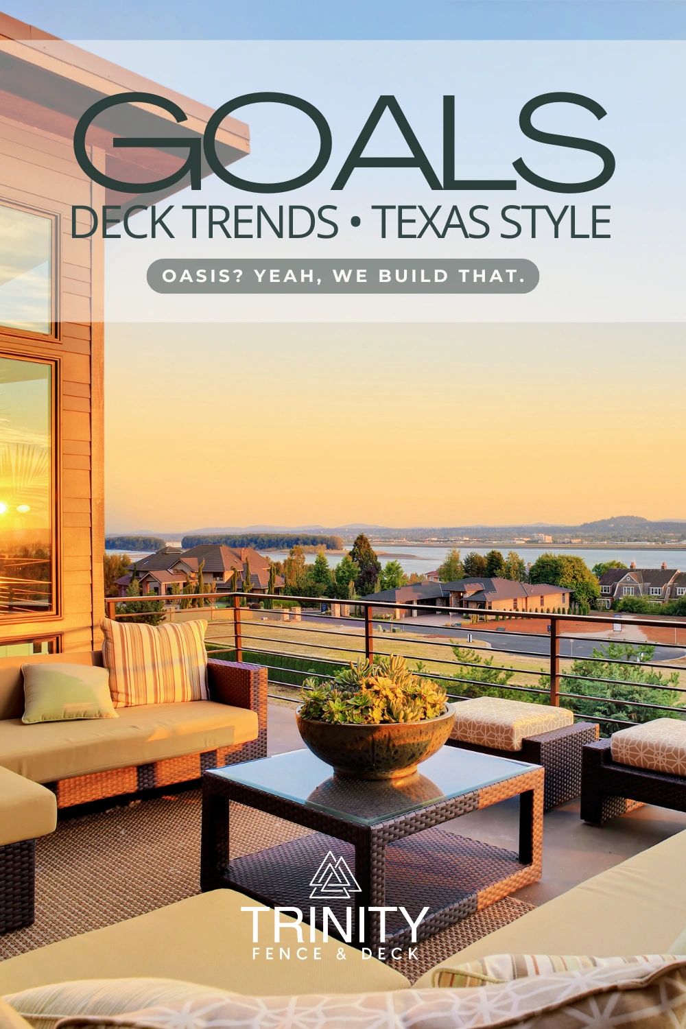 Modern Texas-style deck at sunset featuring cozy outdoor seating, warm lighting, and scenic views – deck trends that turn your backyard into an oasis.