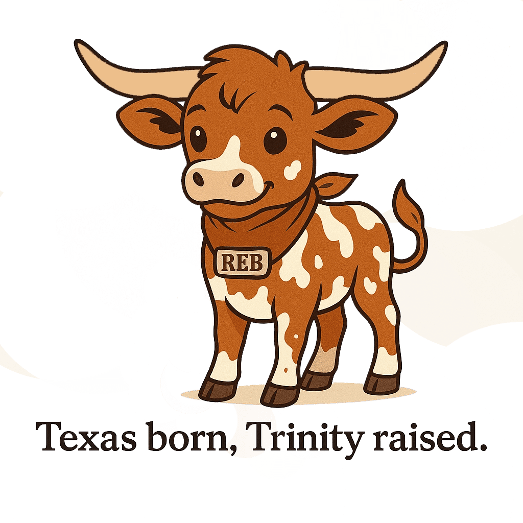 Reb the longhorn mascot tipping her head with a wink, representing Trinity Fence & Deck’s Texas roots and family-friendly fence expertise.