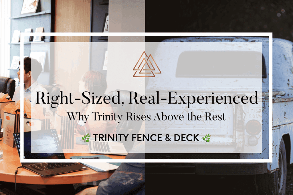 Split-screen image representing the contrast between big-box boardrooms and fly-by-night crews—highlighting why Trinity Fence & Deck is the right-sized, real-experienced Austin fence and deck company.
