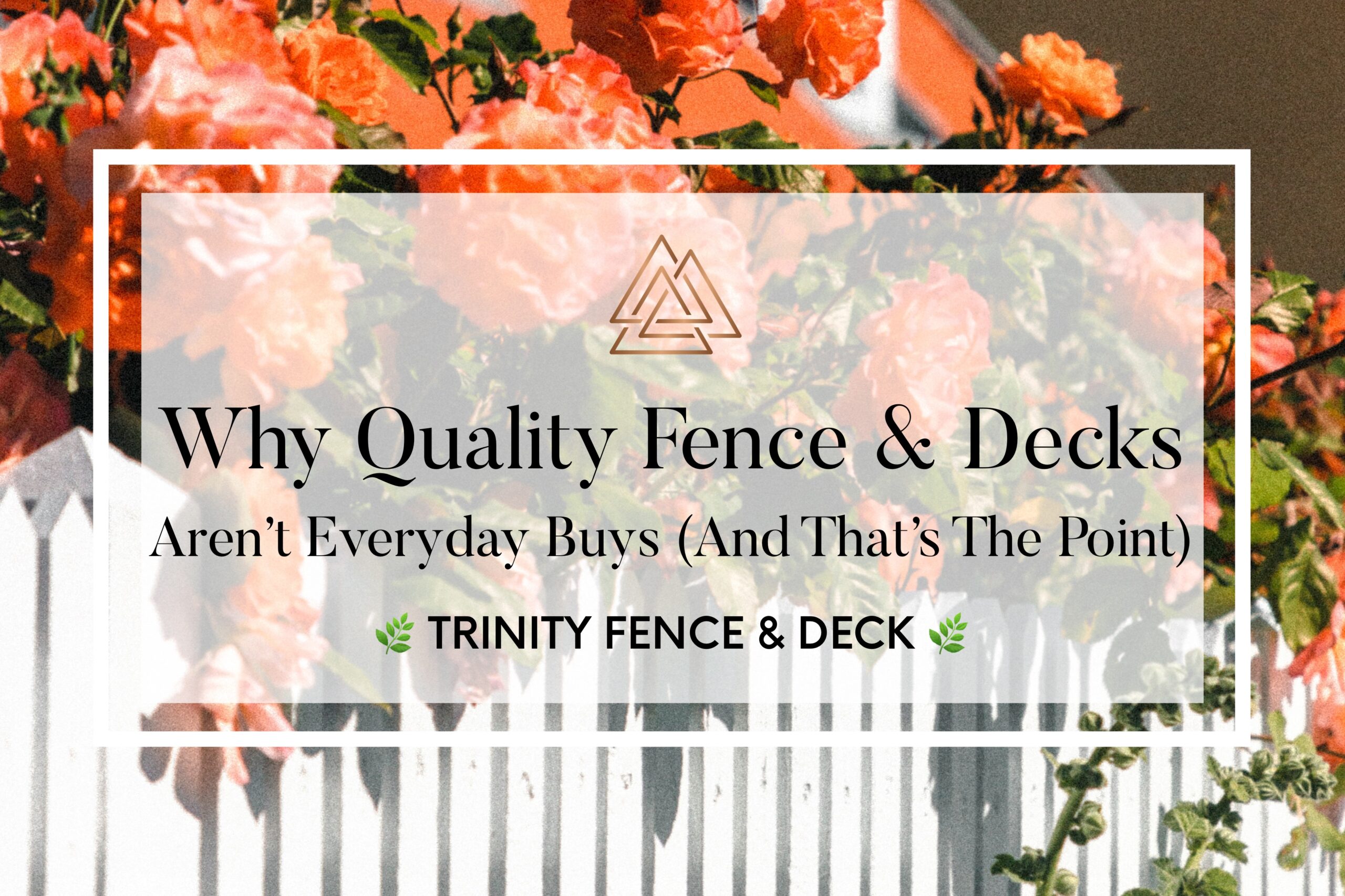 White picket fence with blooming coral roses and overlay text reading “Why Quality Fence & Decks Aren’t Everyday Buys (And That’s The Point)” from Trinity Fence & Deck.