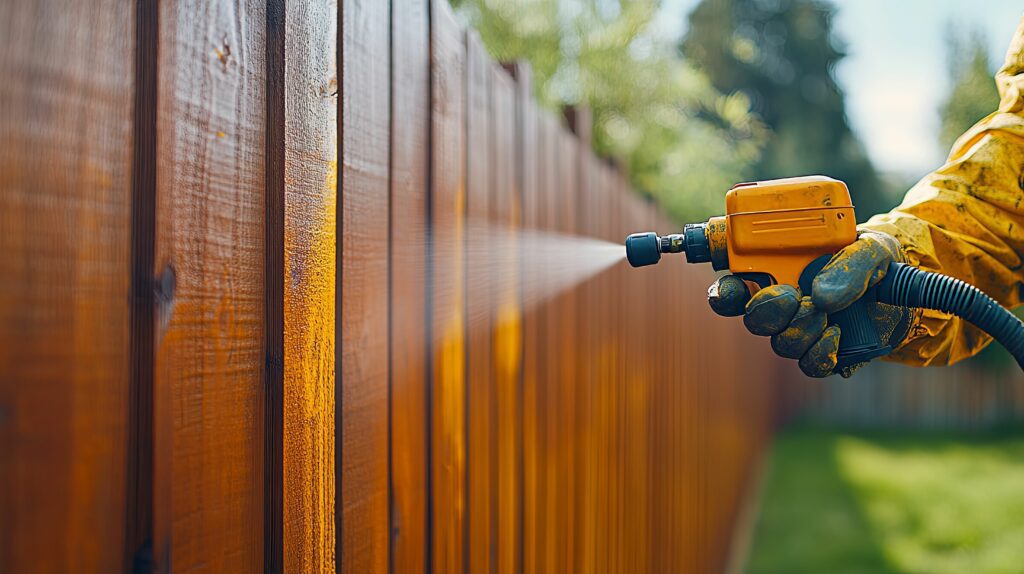 Freshly stained privacy fence installed along residential Austin property Angled view of a tall, stained board-on-board fence with green grass.