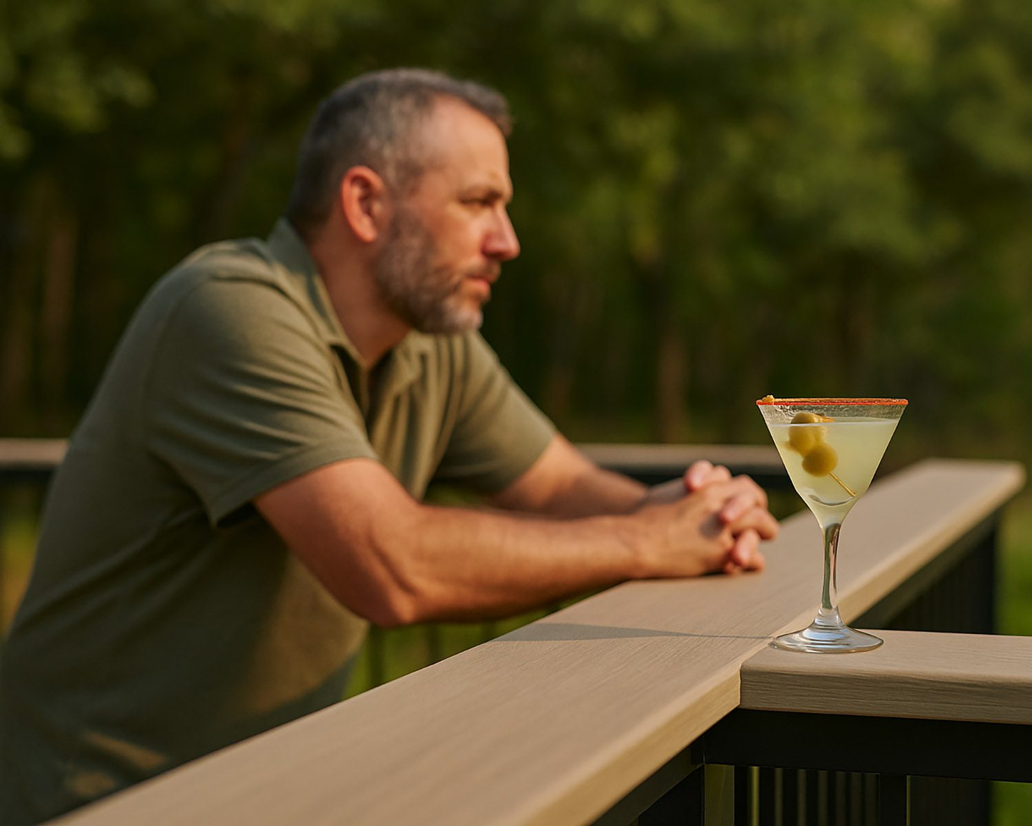 A middle-aged man with a gray beard leans on a light composite deck railing, with a single Mexican martini in a Tajín-rimmed glass resting beside him. The background is softly blurred with green Texas foliage under warm afternoon light.