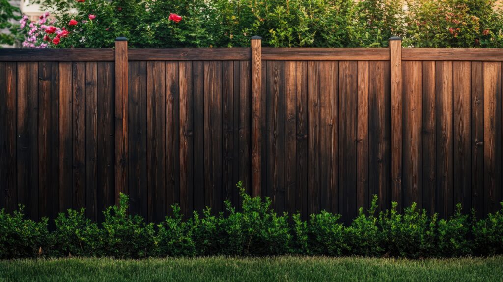 Stained horizontal fence offering privacy and curb appeal in Austin Corner angle of horizontal cedar fence with dark stain and open-air top.