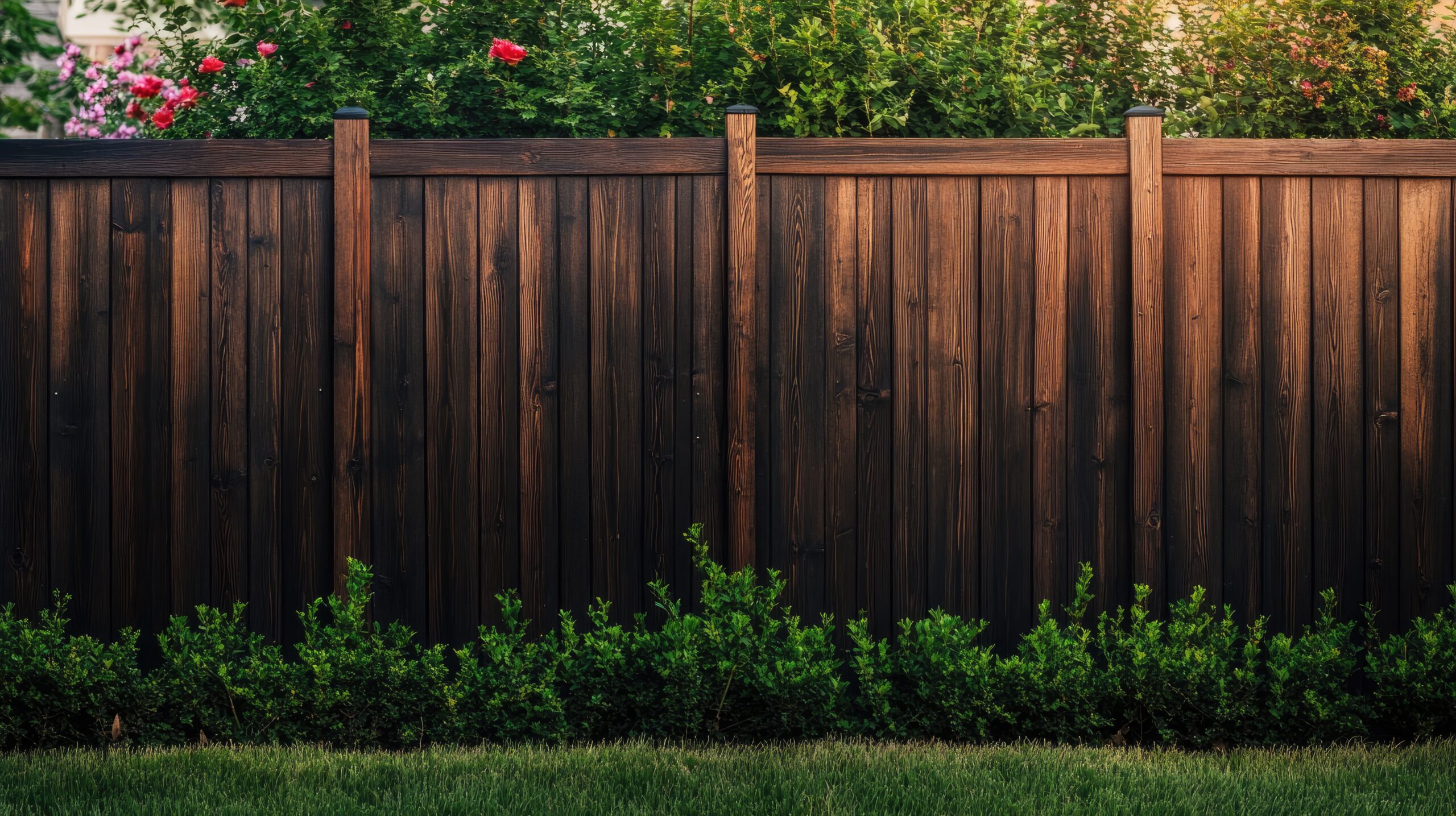Corner angle of horizontal cedar fence with dark stain and open-air top.