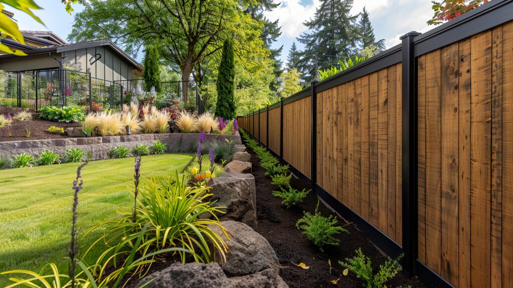 Dark stained horizontal cedar fence with patio seating in Central Texas yard
