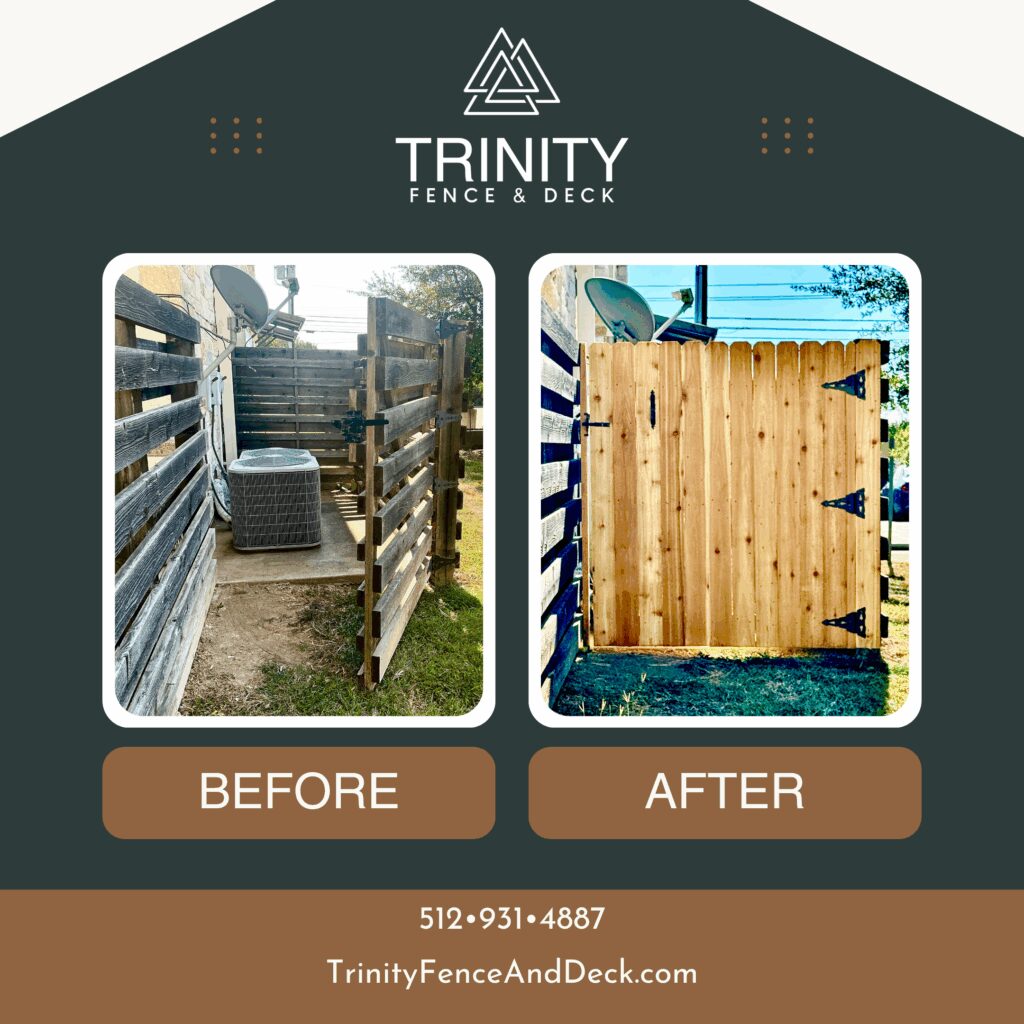 Before and after comparison of a cedar gate repair by Trinity Fence & Deck showing transformation from weathered horizontal boards to a restored vertical cedar gate with new black hardware.