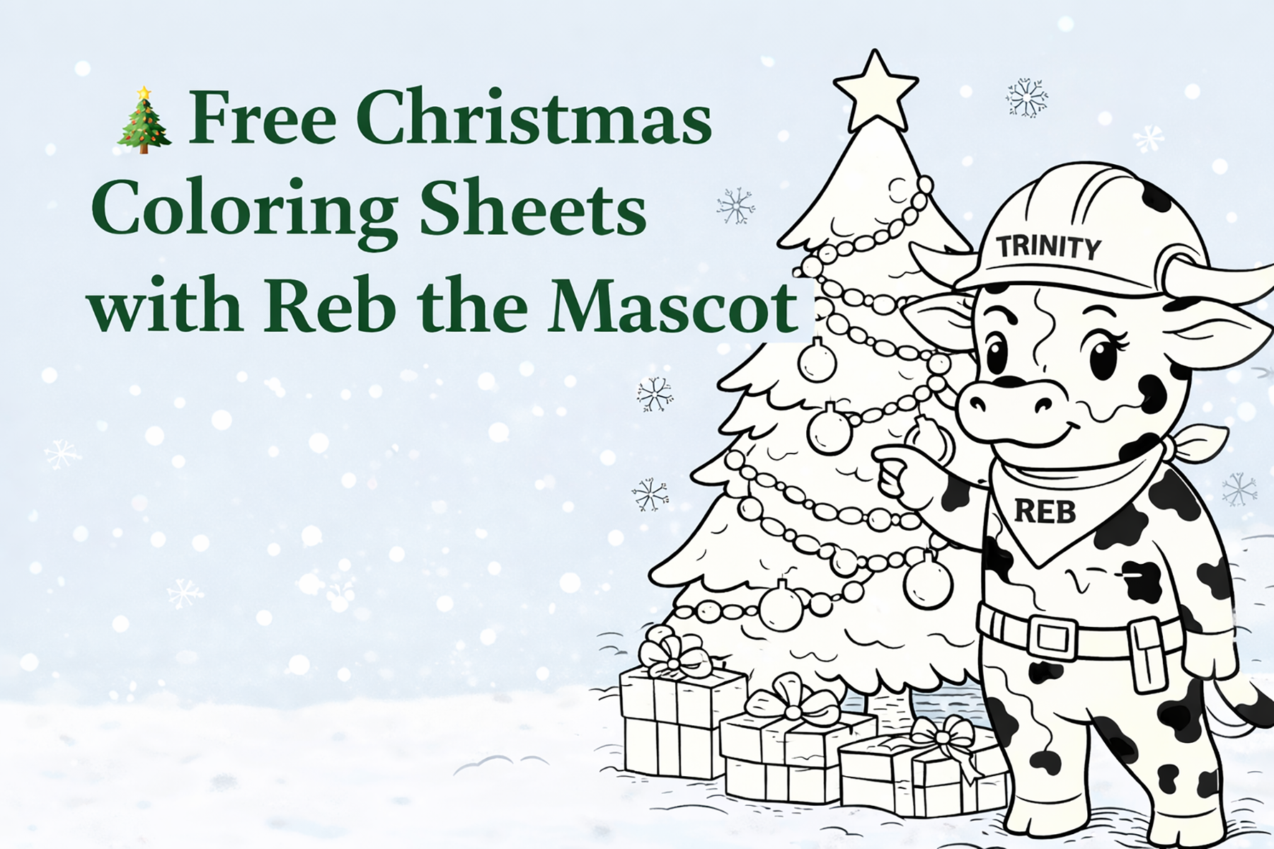 Featured blog image showing Reb the spotted longhorn mascot standing beside a decorated Christmas tree with presents and falling snow, promoting free Christmas coloring sheets.