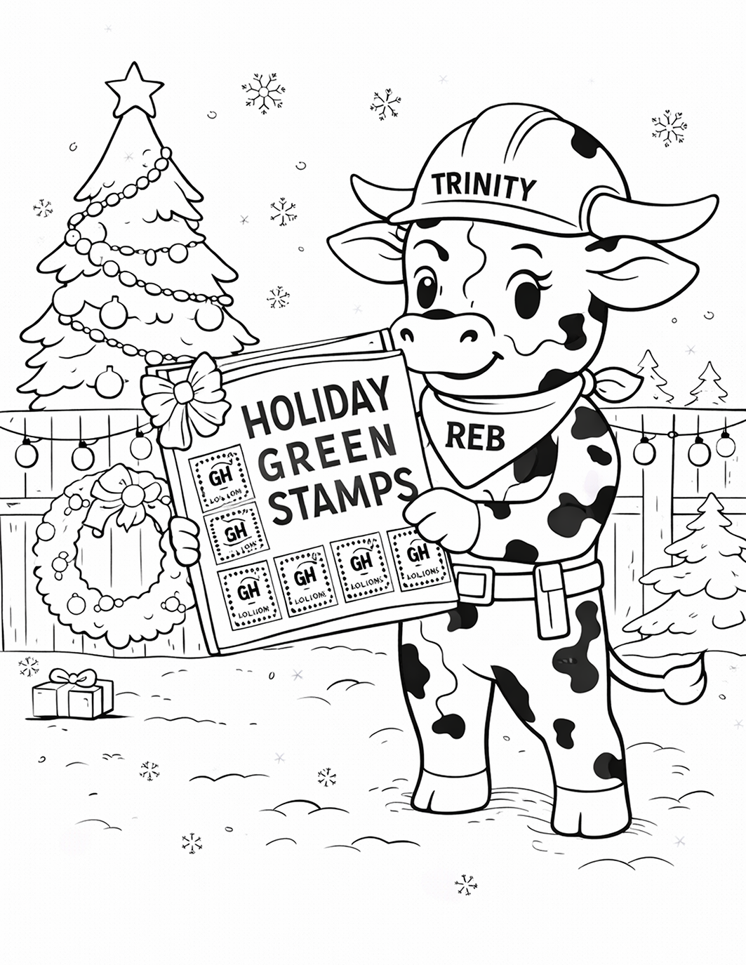 Winter holiday coloring sheet showing Reb the spotted longhorn holding a booklet of Holiday Green Stamps in a snowy yard.