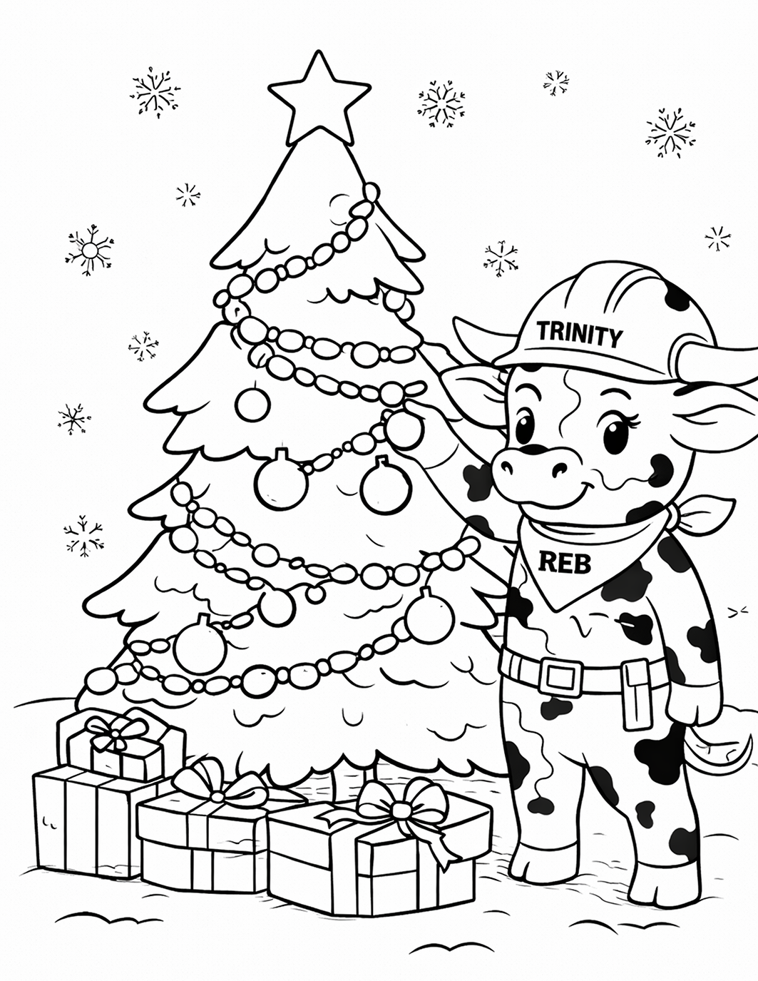 Christmas coloring sheet featuring Reb the spotted longhorn standing beside a decorated Christmas tree with presents and falling snowflakes.