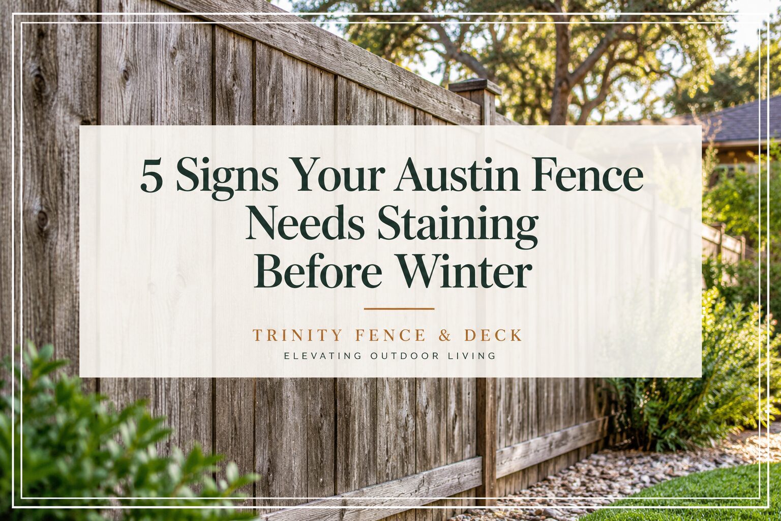 Weathered cedar privacy fence with faded boards showing signs of needing stain in Austin